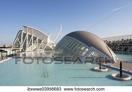 Stock Image - "3D Cinema L'Hemisferic, behind the Museo de las Ciencias and Agora, Ciudad de las Artes y las Ciencias, City of Arts and Sciences, Valencia, Spain, Europe". Fotosearch