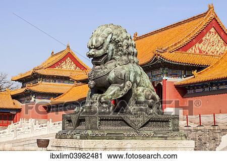 Stock Image - "A bronze lioness guarding the eastern approach to the Gate of Supreme Harmony in the Forbidden City, Beijing, China, Asia". Fotosearch