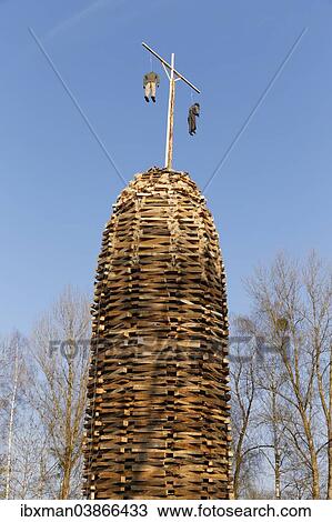 Stock Image - "A built-up wooden tower with witches for the bonfire, Lauterach, Rhine Valley, Vorarlberg, Austria, Europe". Fotosearch