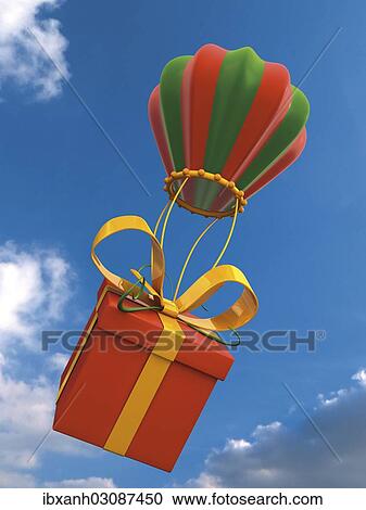 Stock Image - "A present is attached to a balloon in the air, 3D rendering, illustration". Fotosearch