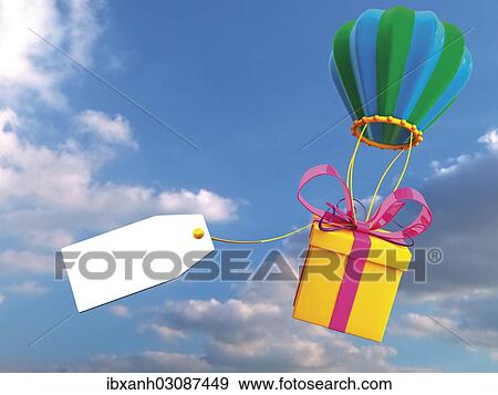 Stock Photo - "A present is attached to a balloon in the air, 3D rendering, illustration". Fotosearch