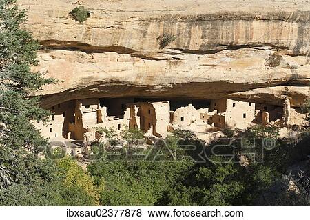 Stock Photo - "Abandoned settlement of the Anasazi Indians under rocks, with walls and ruins, Spruce Tree House, Mesa Verde National Park, Colorado, Western United States, United States of America, North America". Fotosearch