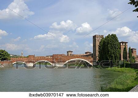 Stock Photo - "Adige at Castelvecchio, Castelvecchio, Verona province, Veneto, Italy, Europe". Fotosearch