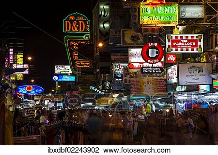 "Advertising signs, street view at night, Khao San Road, Bangkok, Thailand, Asia" View Large Photo Image Stock Image - "Advertising signs, street view at night, Khao San Road, Bangkok, Thailand, Asia". Fotosearch