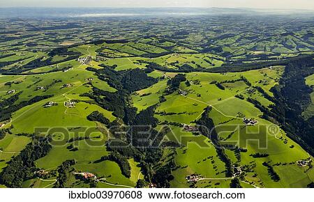 Stock Photo - "Aerial view, Alpine foothills with meadows, Sankt Ulrich bei Steyr, Upper Austria, Austria, Europe". Fotosearch