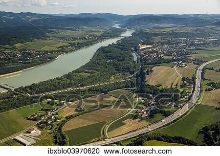 Stock Image - "Aerial view, Danube, Melk, Wachau, Lower Austria, Austria, Europe". Fotosearch