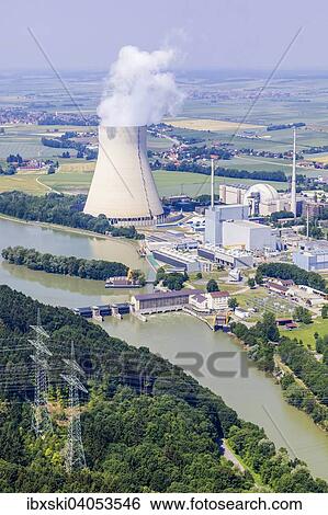 Stock Photograph - "Aerial view, EON nuclear power plants Isar I and Isar II with reactor buildings and cooling tower on the Isar River, Essenbach, Bavaria, Germany, Europe". Fotosearch