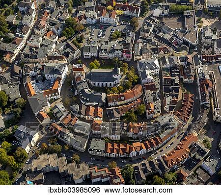 "Aerial view, historic centre with Erloserkirche, Church of the Redeemer, market square, annular medieval layout, Ludenscheid, North Rhine-Westphalia, Germany, Europe" View Large Photo Image Stock Photograph - "Aerial view, historic centre with Erloserkirche, Church of the Redeemer, market square, annular medieval layout, Ludenscheid, North Rhine-Westphalia, Germany, Europe". Fotosearch