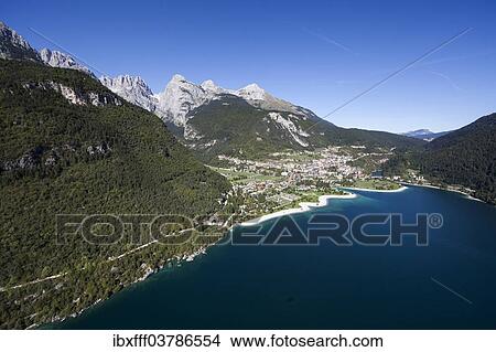 "Aerial view, Lake Molveno mountain lake, Molveno, Trentino, Italy, Europe" View Large Photo Image Picture - "Aerial view, Lake Molveno mountain lake, Molveno, Trentino, Italy, Europe". Fotosearch