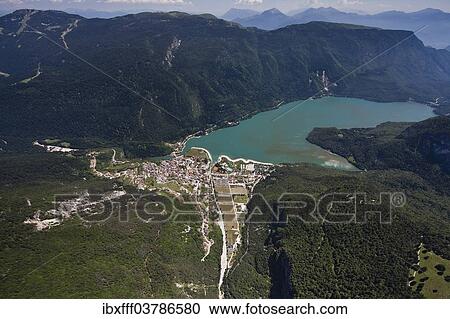Stock Image - "Aerial view, Lake Molveno mountain lake, Molveno, Trentino, Italy, Europe". Fotosearch