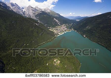 Stock Image - "Aerial view, Lake Molveno mountain lake, Molveno, Trentino, Italy, Europe". Fotosearch