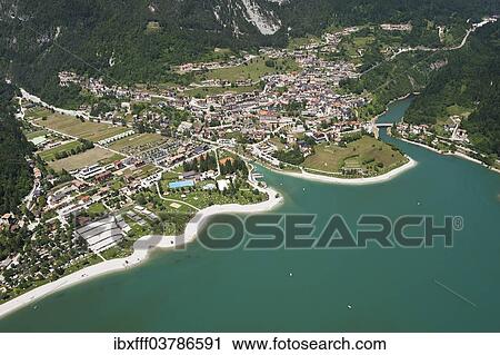 Stock Image - "Aerial view, Lake Molveno mountain lake, Molveno, Trentino, Italy, Europe". Fotosearch