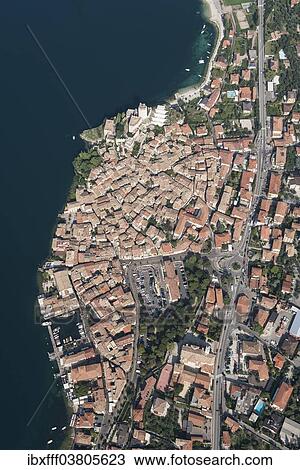 "Aerial view, Malcesine, historic town, Lake Garda, Veneto, Verona Province, Italy, Europe" View Large Photo Image Stock Image - "Aerial view, Malcesine, historic town, Lake Garda, Veneto, Verona Province, Italy, Europe". Fotosearch