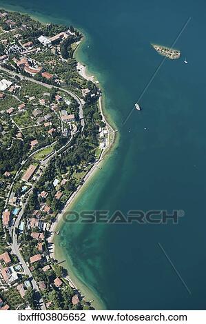 Stock Image - "Aerial view, Malcesine, Lake Garda, Isola di Immaginazione, Veneto, Verona Province, Italy, Europe". Fotosearch
