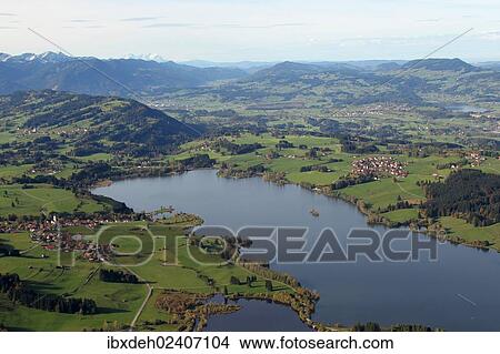 Picture - "Aerial view, Niedersonthofener Lake in the Upper Allgaeu, Allgaeu, Bavaria, Germany, Europe". Fotosearch