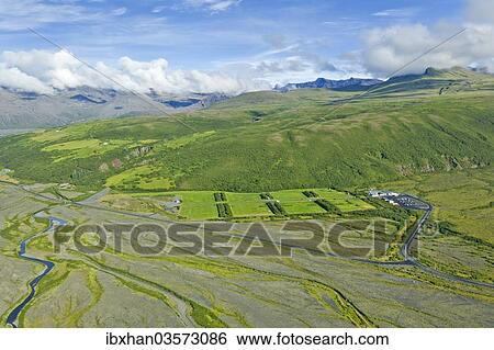 "Aerial view of Skaftafell National Park, with a campsite at the front, Southern Region, Iceland, Europe" View Large Photo Image Stock Photograph - "Aerial view of Skaftafell National Park, with a campsite at the front, Southern Region, Iceland, Europe". Fotosearch