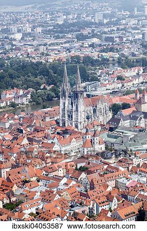 Stock Photo - "Aerial view, old town with the Regensburg Cathedral, Regensburg, Upper Palatinate, Bavaria, Germany, Europe". Fotosearch