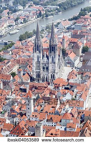 Stock Photo - "Aerial view, old town with the Regensburg Cathedral and the Danube, Regensburg, Upper Palatinate, Bavaria, Germany, Europe". Fotosearch
