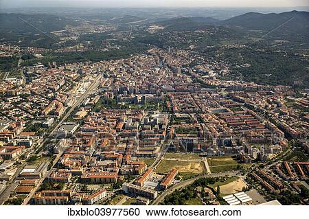 Stock Image - "Aerial view, overview of the old town, Girona, Catalonia, Spain, Europe". Fotosearch