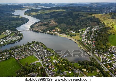Stock Photo - "Aerial view, Sorpe Dam, southern shore, Sundern, Amecke, Sauerland, North Rhine-Westphalia, Germany, Europe". Fotosearch