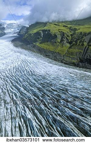 Stock Image - "Aerial view, Svinanesjoekull Glacier, a part of Vatnajoekull or Vatna Glacier, Southern Region, Iceland, Europe". Fotosearch