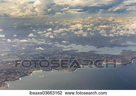 Stock Image - "Aerial view, Sydney with the Tasman Sea, Port Jackson, Parramatta River, Sydney, New South Wales, Australia, Oceania". Fotosearch
