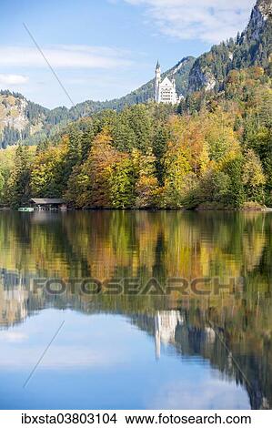 Picture - "Alpsee lake with Schloss Neuschwanstein Castle in autumn, Fussen, East Allgau, Bavaria, Germany, Europe". Fotosearch