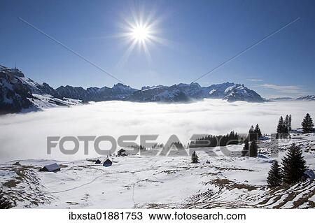 "Alpstein massif with Mt Saentis, a layer of cloud and a mountain pasture covered in snow, Appenzell Alps, Swiss Alps, Switzerland, Europe" View Large Photo Image Stock Image - "Alpstein massif with Mt Saentis, a layer of cloud and a mountain pasture covered in snow, Appenzell Alps, Swiss Alps, Switzerland, Europe". Fotosearch