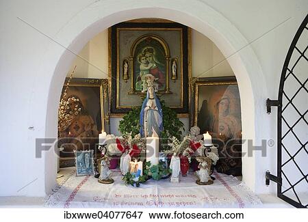 Stock Photo - "Altar with statue of Mary, wayside chapel, Mondsee, Salzkammergut, Upper Austria, Austria, Europe". Fotosearch