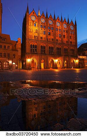 Stock Image - "Alter Markt market square with city hall at night, Stralsund, Mecklenburg-Western Pomerania, Germany, Europe". Fotosearch