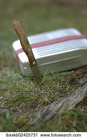 Stock Image - "Aluminum lunch box with a kitchen knife, on grass". Fotosearch