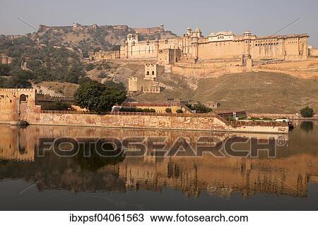 Stock Image - "Amber Fort and Maota Lake, Jaipur, Rajasthan, India, Asia". Fotosearch