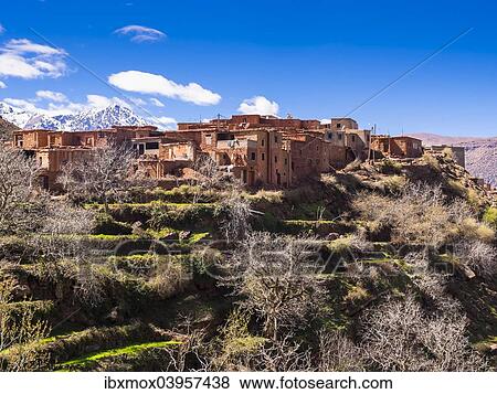 "Anammer adobe village, Ourika valley, behind the Atlas Mountains, Anammer, Marrakech-Tensift-Al Haouz, Morocco, Africa" View Large Photo Image Stock Photo - "Anammer adobe village, Ourika valley, behind the Atlas Mountains, Anammer, Marrakech-Tensift-Al Haouz, Morocco, Africa". Fotosearch