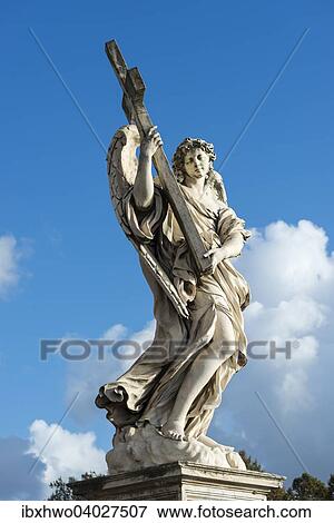 Stock Photo - "Angel with the Cross (Angelo con la Croce), by Ercole Ferrata, angel statues with symbols of the Passion by Bernini, Ponte Sant'Angelo, Rome, Lazio, Italy, Europe". Fotosearch