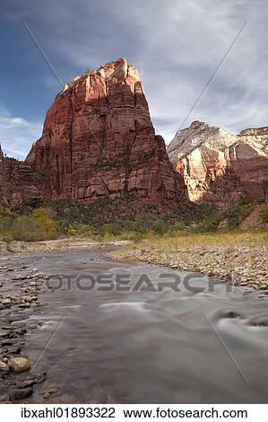 Stock Image - "Angels Landing sandstone cliffs, Virgin River, Zion Plateau, Zion National Park, Utah, USA, America". Fotosearch