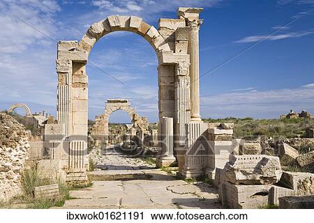 "Arch of Trajan on Via Trionfale, Arch of Tiberius in the back, Leptis Magna, Libya, North Africa, Africa" View Large Photo Image Stock Image - "Arch of Trajan on Via Trionfale, Arch of Tiberius in the back, Leptis Magna, Libya, North Africa, Africa". Fotosearch