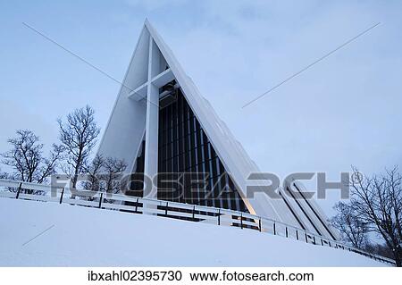 Stock Image - "Arctic Cathedral or Tromsdalen Kirke church, in winter, Tromso, Norway, Europe". Fotosearch