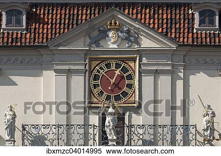 Stock Photography - "Astronomical clock on the baroque market facade of the town hall, built in 1704, Luneburg, Lower Saxony, Germany, Europe". Fotosearch