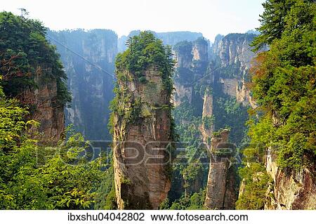 Stock Image - "Avatar"""" mountains with vertical quartz sandstone rocks, Zhangjiajie National Park, Hunan Province, China, Asia". Fotosearch