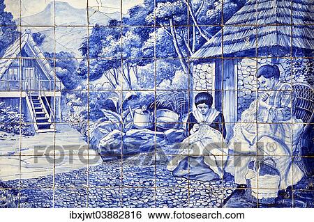 "Azulejo, painted tiles, two women doing embroidery work, Madeira, Portugal, Europe" View Large Photo Image Stock Photograph - "Azulejo, painted tiles, two women doing embroidery work, Madeira, Portugal, Europe". Fotosearch