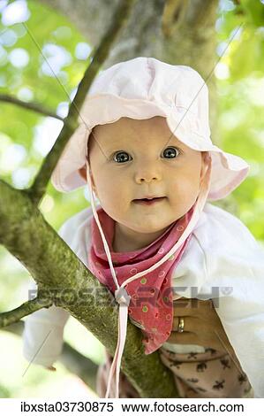 Stock Photography - "Baby, 4-5 months old, on a branch, Germany, Europe". Fotosearch