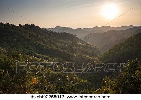 Stock Image - "Backlit landscape, Northern Thailand, Thailand, Asia". Fotosearch