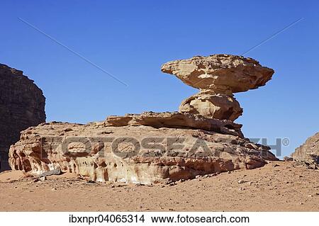Picture - "Balancing Rock, mushroom rock, Wadi Rum, desert, Jordan, Asia". Fotosearch