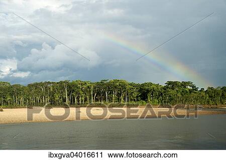 Stock Image - "Banks of the Tambopata with rainbow, Tambopata Nature Reserve, Madre de Dios Region, Peru, South America". Fotosearch