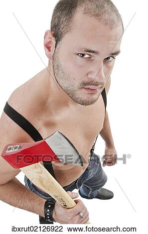 Bare-chested man holding an axe View Large Photo Image Stock Image - Bare-chested man holding an axe. Fotosearch