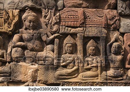 Stock Image - "Bas-relief at the Terrace of the Leper King, Elephant Terrace, Angkor Thom, Siem Reap, Cambodia, Asia". Fotosearch