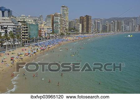 "Bathers in front of big hotels on Playa Levante, Benidorm, Costa Blanca, Spain beach" View Large Photo Image Stock Image - "Bathers in front of big hotels on Playa Levante, Benidorm, Costa Blanca, Spain beach". Fotosearch