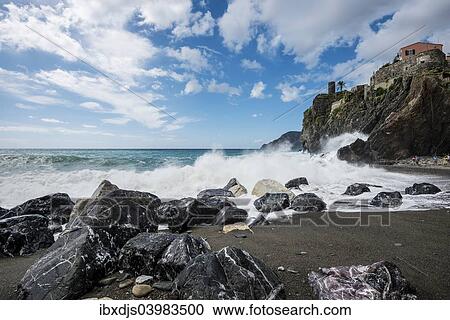 Stock Image - "Beach, Vernazza, Cinque Terre, Liguria, Italy, Europe". Fotosearch