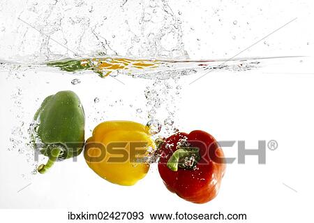 Stock Image - "Bell peppers, splash, water". Fotosearch