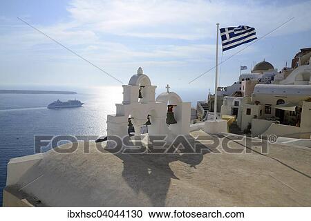 "Bell Tower, Greek flag, Oia, Santorini, Cyclades, Aegean Sea, Greece, Europe" View Large Photo Image Stock Image - "Bell Tower, Greek flag, Oia, Santorini, Cyclades, Aegean Sea, Greece, Europe". Fotosearch